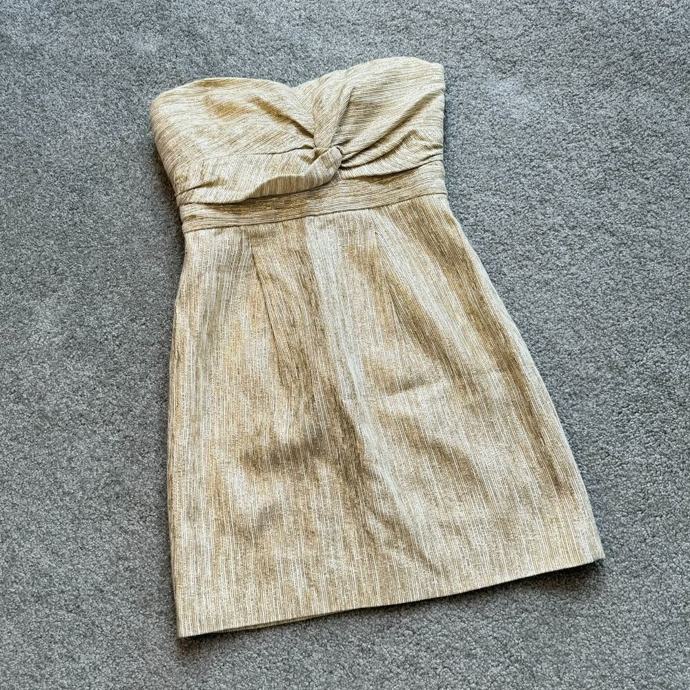 - Tibi Shimmering Gold Striped Strapless Dress Party Cocktail Sz 6     - F2080